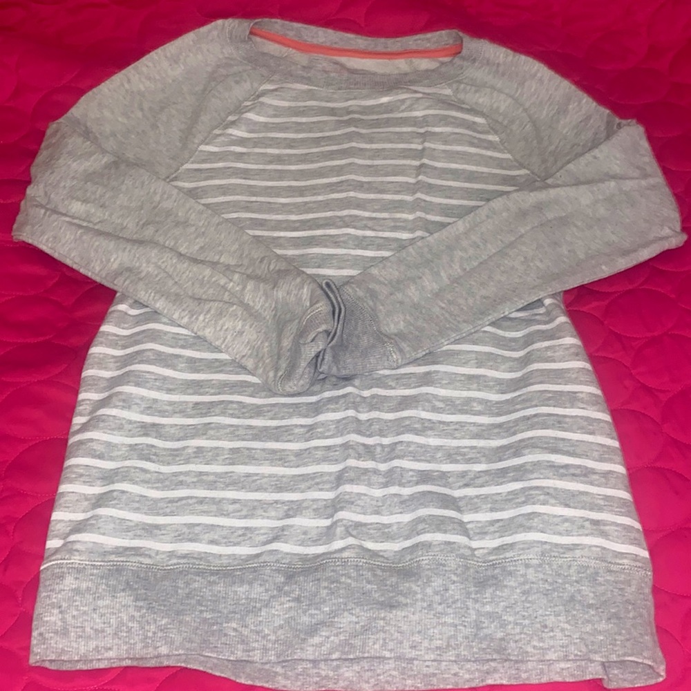 Description: long sleeve gray/ white striped shirt, size extra small